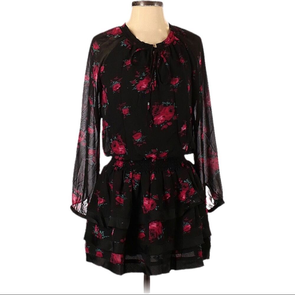 Sam Edelman Floral Smocked Waist Long Sleeve Dress Women’s Size Small Black Pink